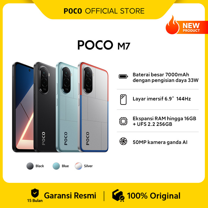 POCO M7 (8GB/256GB) Baterai besar 7000mAh dengan pengisian daya 33W | Layar imer