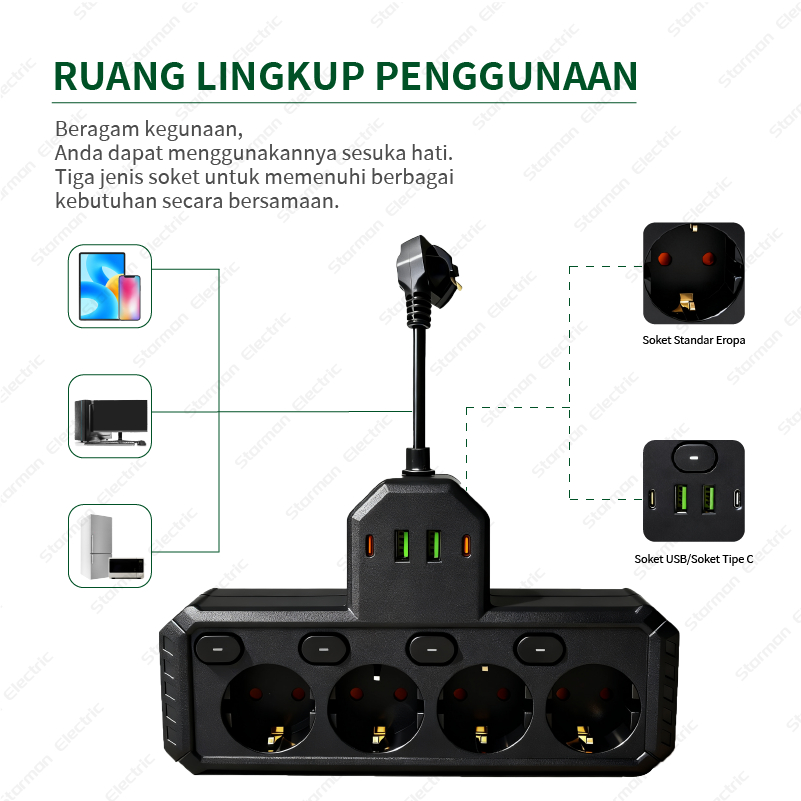 Jual 2500W Power Strip Terpasang Di Dinding Sakelar independen dengan ...