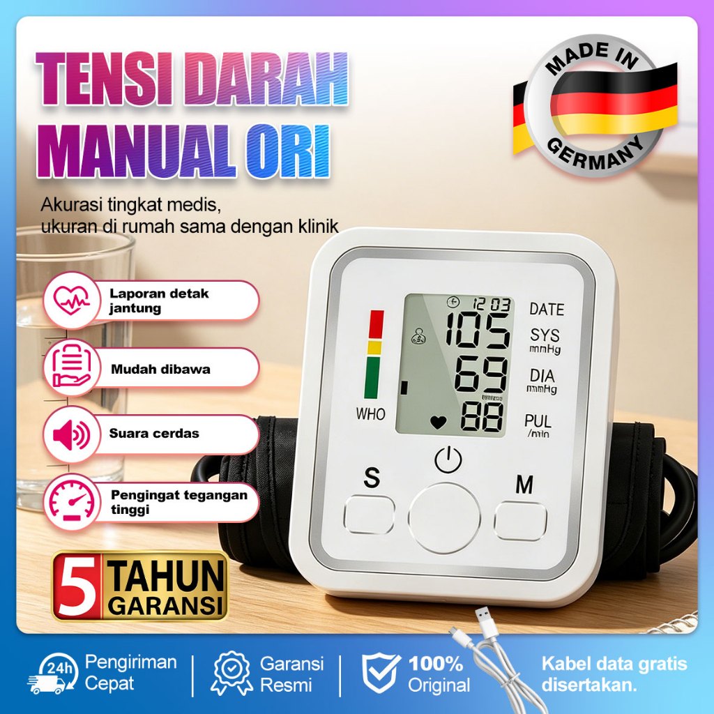 Tensimeter Digital Suara Bahasa Indonesia Alat Ukur Tekanan Darah Otomatis Lengan Atas Layar LCD Besar Akurasi Tinggi Pengukur Tensi Darah Blood Pressure Monitor Memori 99 Data Cocok Lansia Semua Usia(Tekanan Harian,alat ukur tekanan darah)