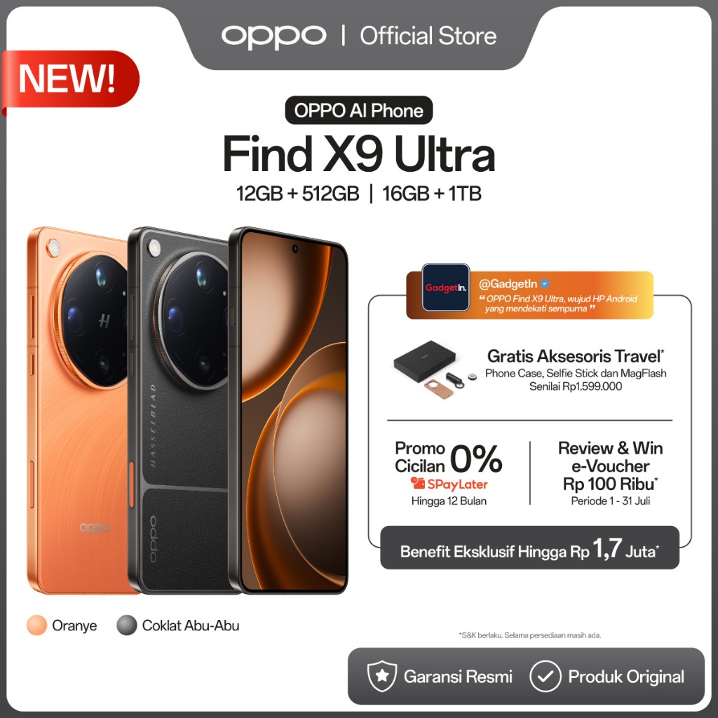 [BARU] OPPO Find X9 Ultra 12+512GB & 16GB+1TB [Hasselblad 50MP 10x Optik Telefoto, Kamera Ganda 200MP Hasselblad, Baterai Besar 7050mAh 100W SUPERVOOC, Video 8K Ultra Jernih,
