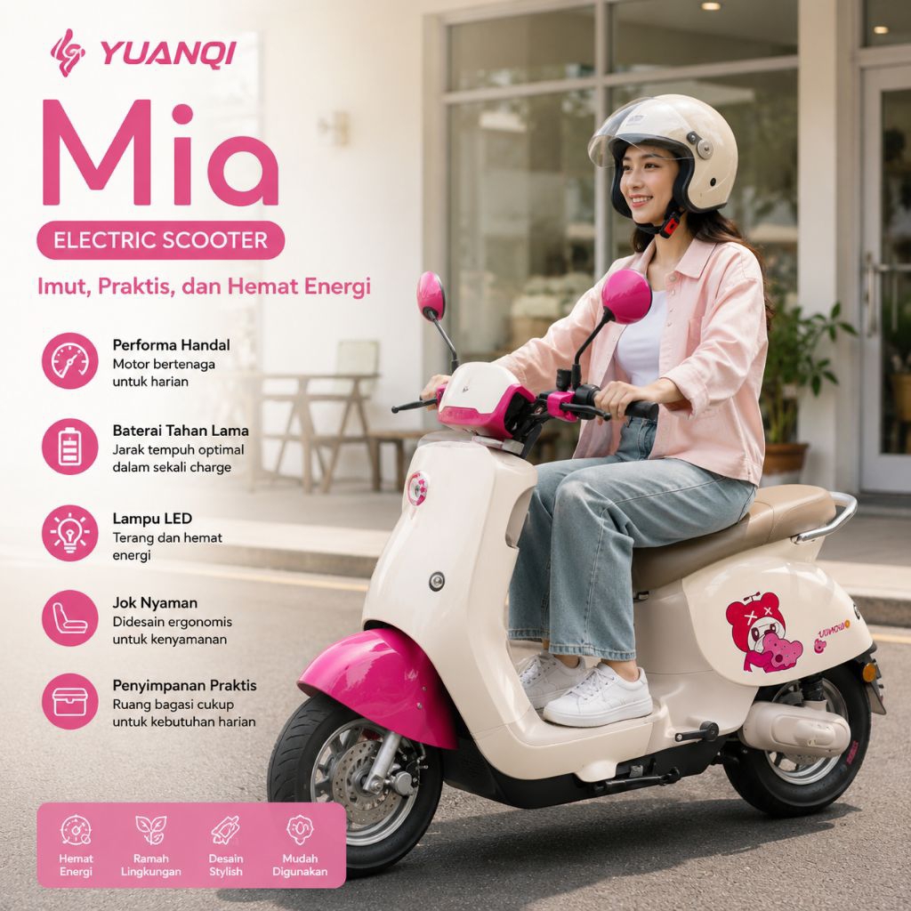YUANQI Mia Motor Listrik Electric Scooter Baterai Lithium Desain Retro Modern Hemat Energi