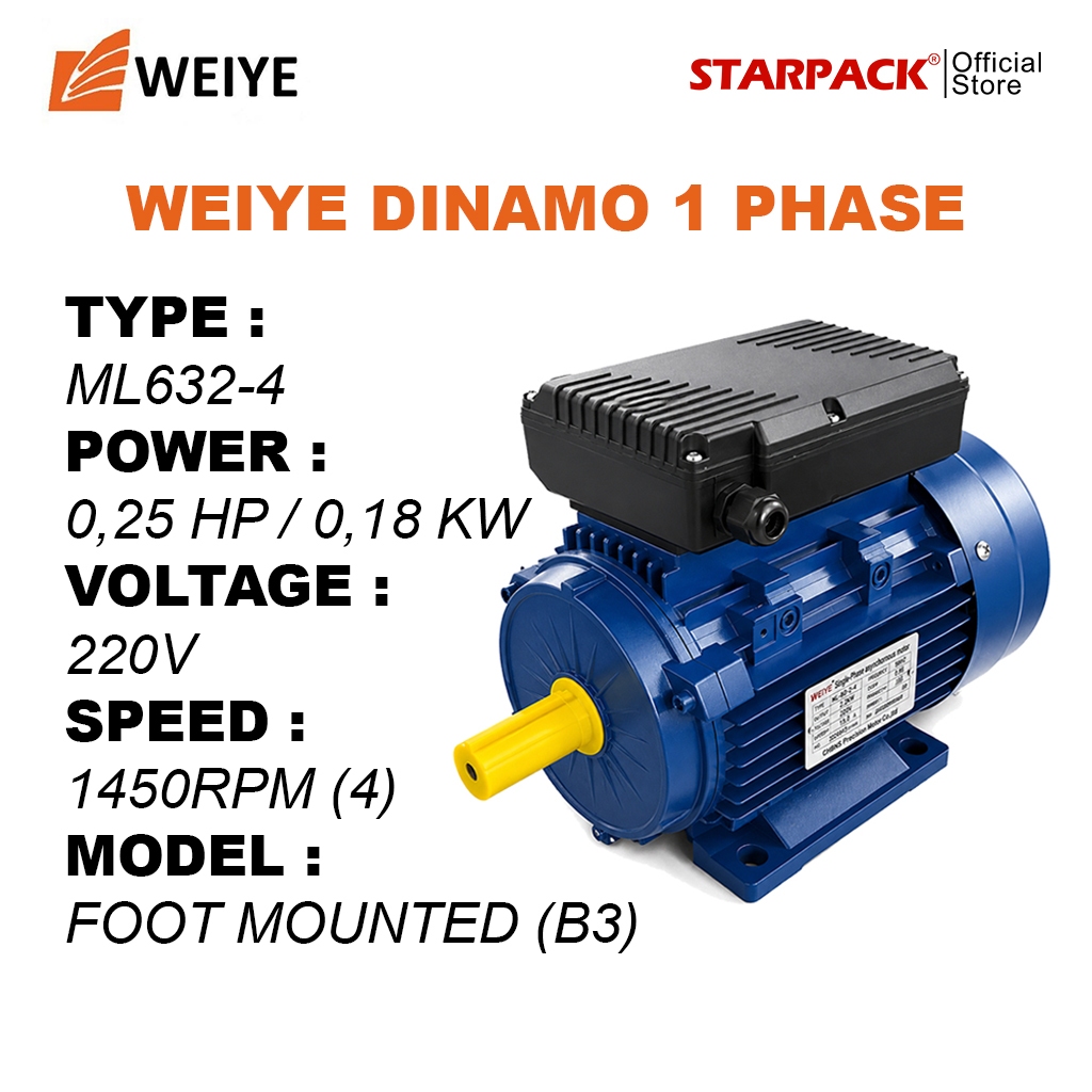 WEIYE Dinamo Listrik 0.25 HP / 0.18kW 1 Phase 1450 RPM Electric Motor 4 Pole B3