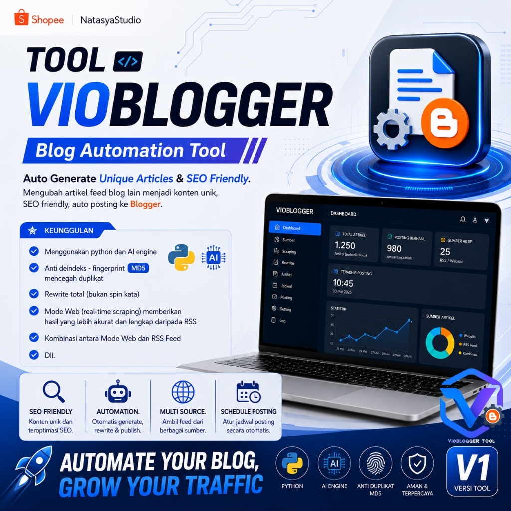 AI Blog Automation Tool Auto Generate Artikel SEO Adsense Friendly, Auto Rewrite & Auto Posting Blogger - VIOBLOGGER V1