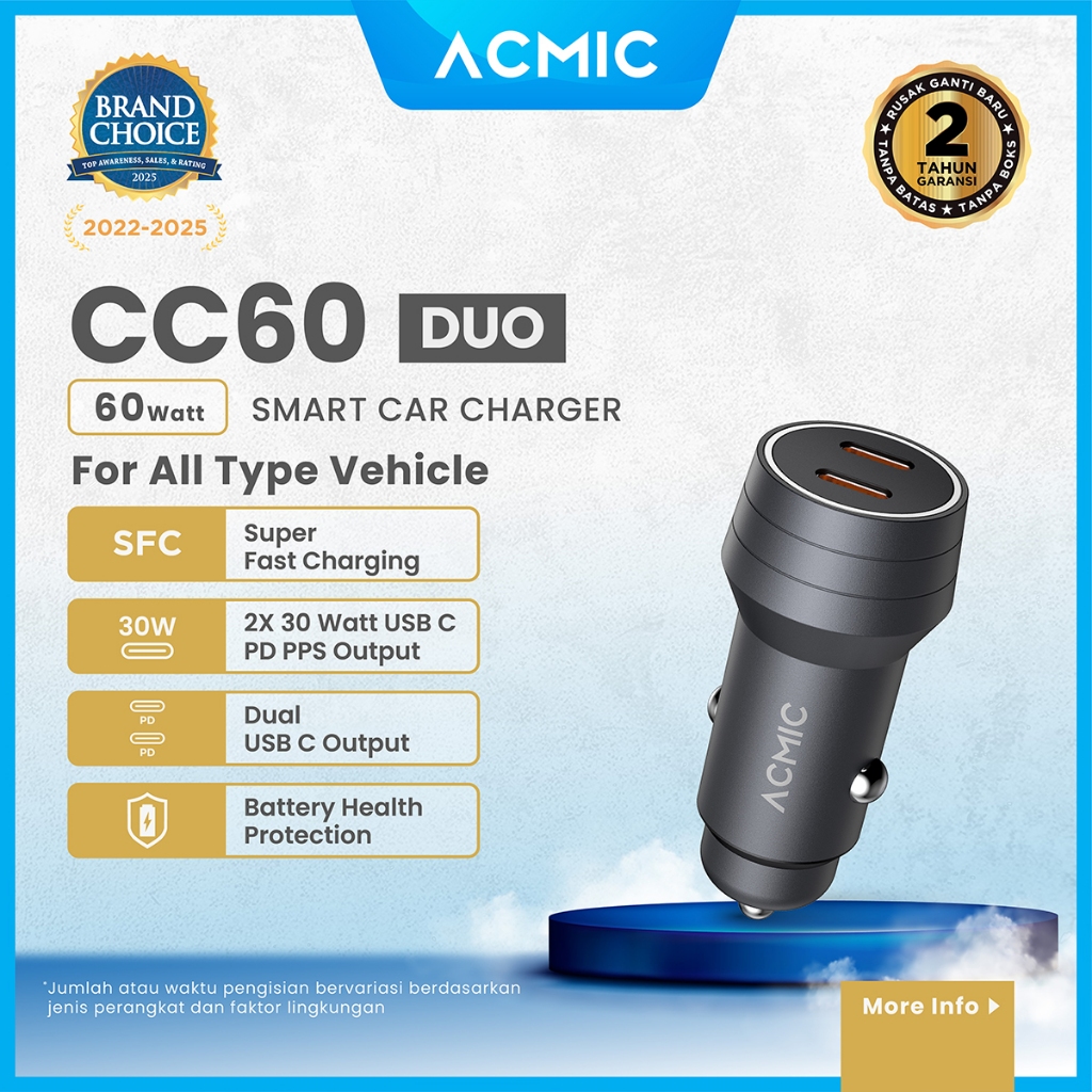 Jual ACMIC CC60 DUO 60W Dual USB Type C Car Charger PD PPS Samsung ...