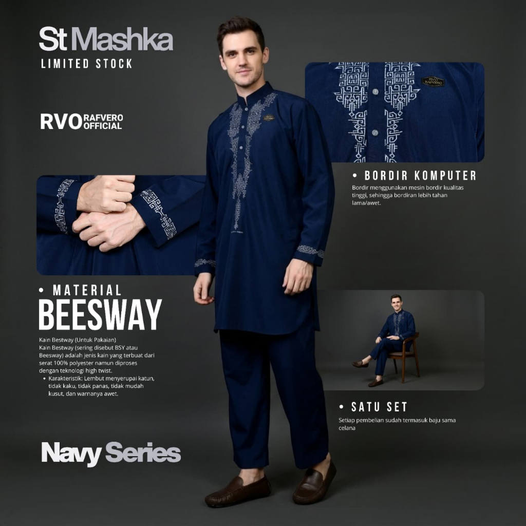 Baju Koko Pria St Mashka Navy Series Beesway Bordir Komputer Setelan Muslim Premium Rafvero Original