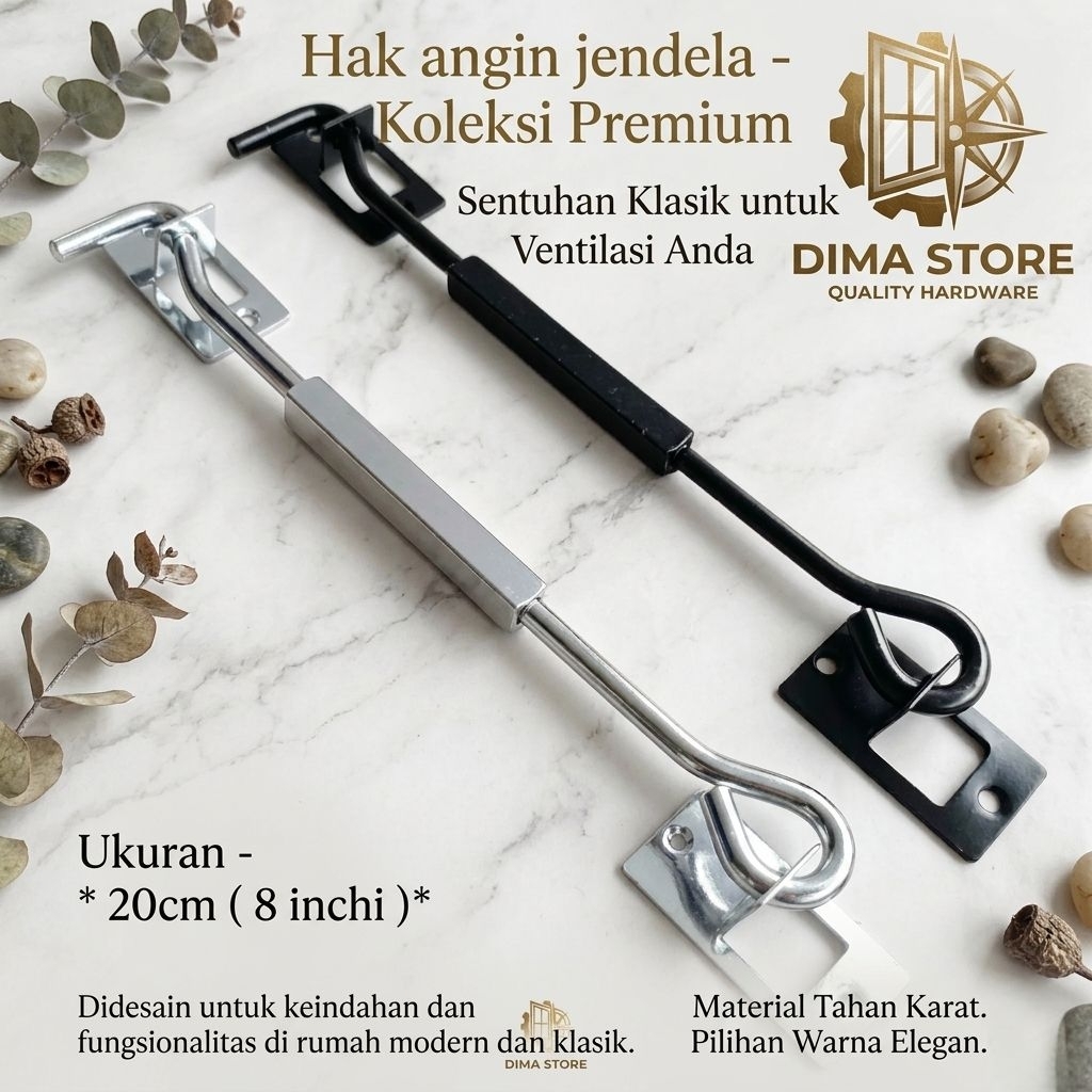Hak Angin Jendela Rumah Model Kotak Minimalis Penyangga Panjang 20 Cm Finishing Crom Dan Hitam Powder Couting Anti Karat Kuat Dan Awet