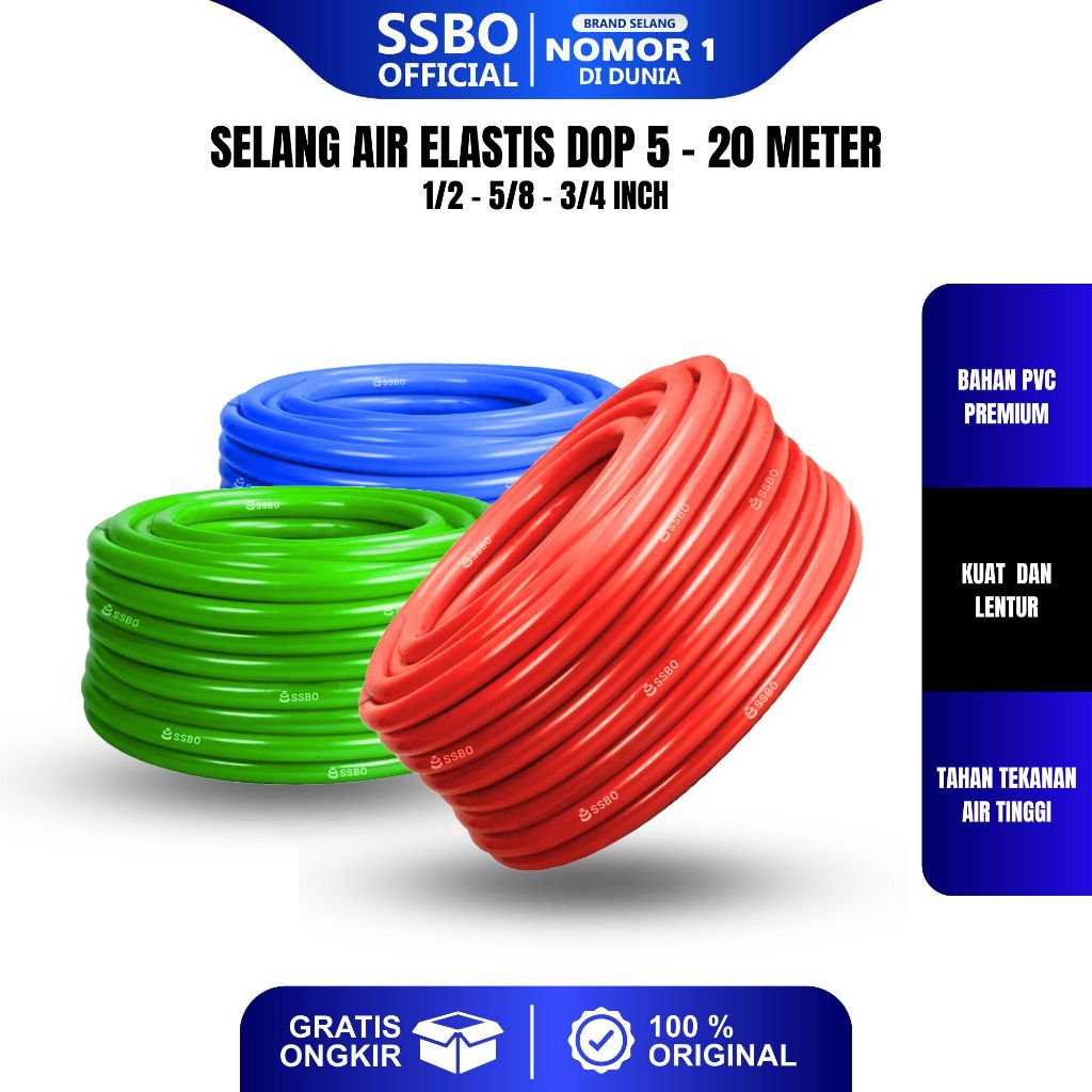 Selang Air SSBO WTB Elastis Tebal Dop 5 - 20 Meter 1/2 5/8 3/4 Inch Selang Taman Perkebunan Tebal 1,5mm COD