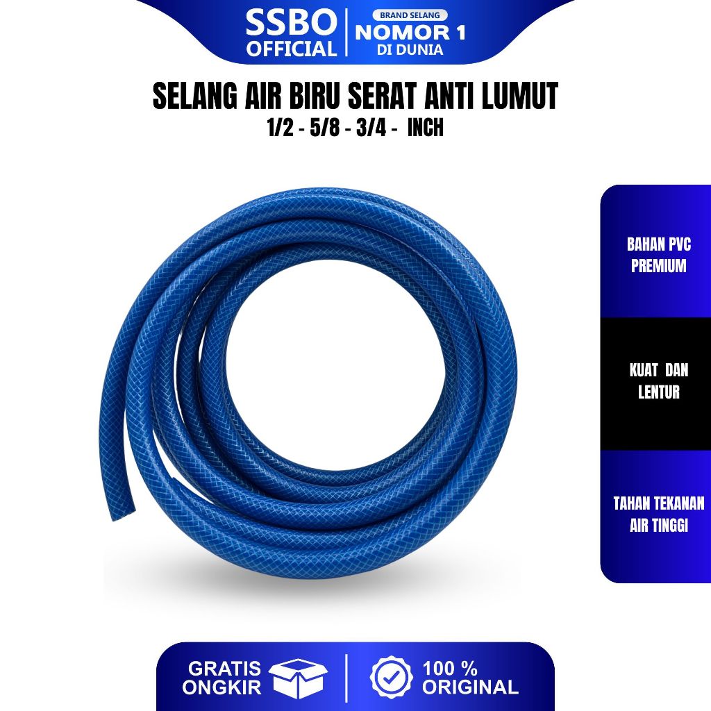 SSBO Selang Air Biru Anti Lumut 1/2 5/8 3/4 Inch Selang Perkebunan Permeter Selang Air Benang Tebal