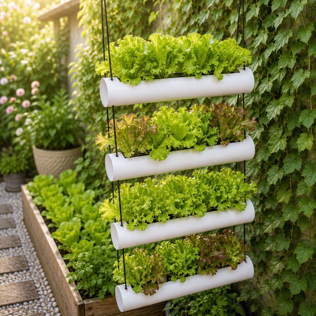 Pot Tower Hidroponik Gantung 4 Susun 50 CM PVC Premium | Vertical Garden Hemat Ruang | Pot Tanam Sayuran & Herbal | Rak Tanam Gantung Minimalis untuk Balkon, Teras, Pagar, Dinding & Kebun Rumah