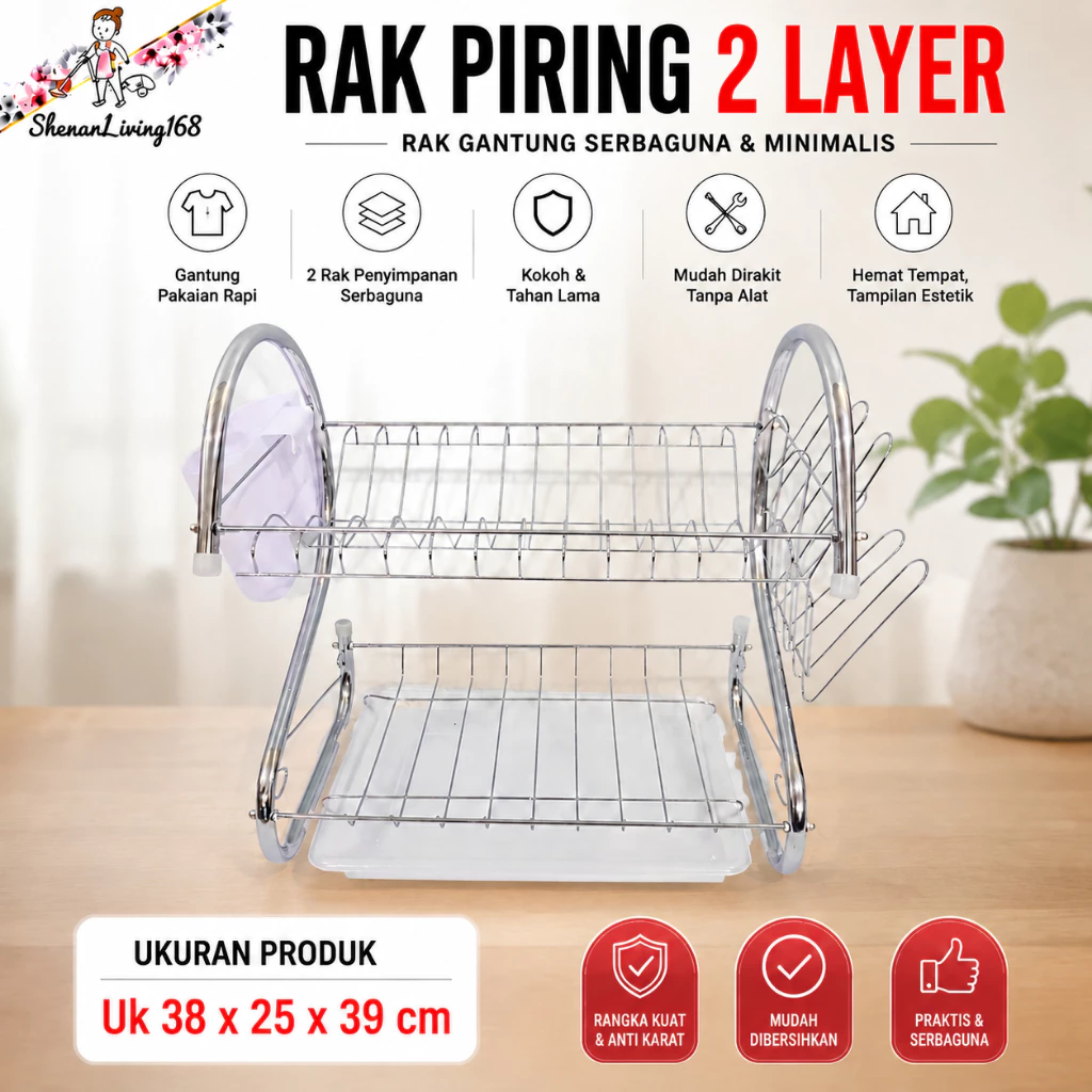 RAK PIRING 2 LAYER Stainless Steel Rak Piring Susun 2 Tingkat dengan Tray Penampung Air Rak Dapur Multifungsi Anti Karat