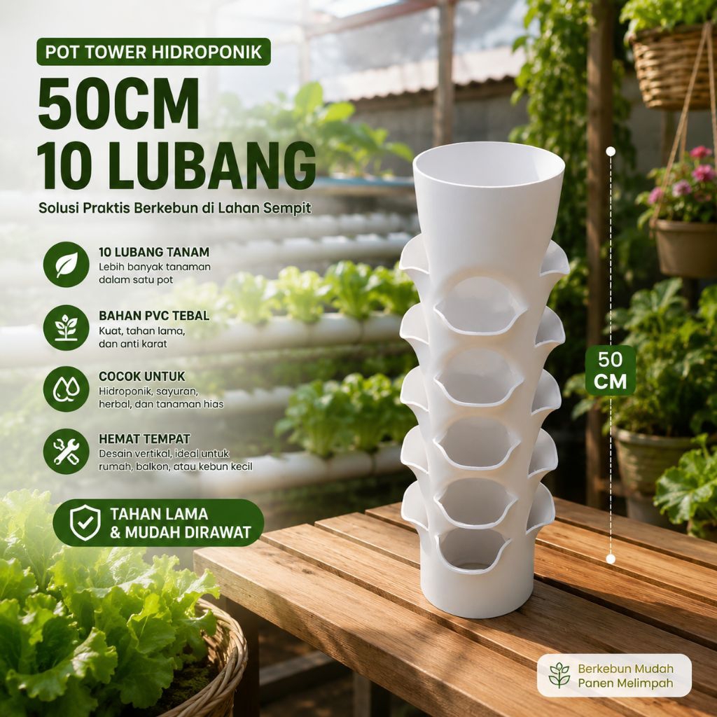 Pot Tower Hidroponik Putih 50CM 10 Lubang PVC Tebal, Hemat Tempat, Mudah Dirawat