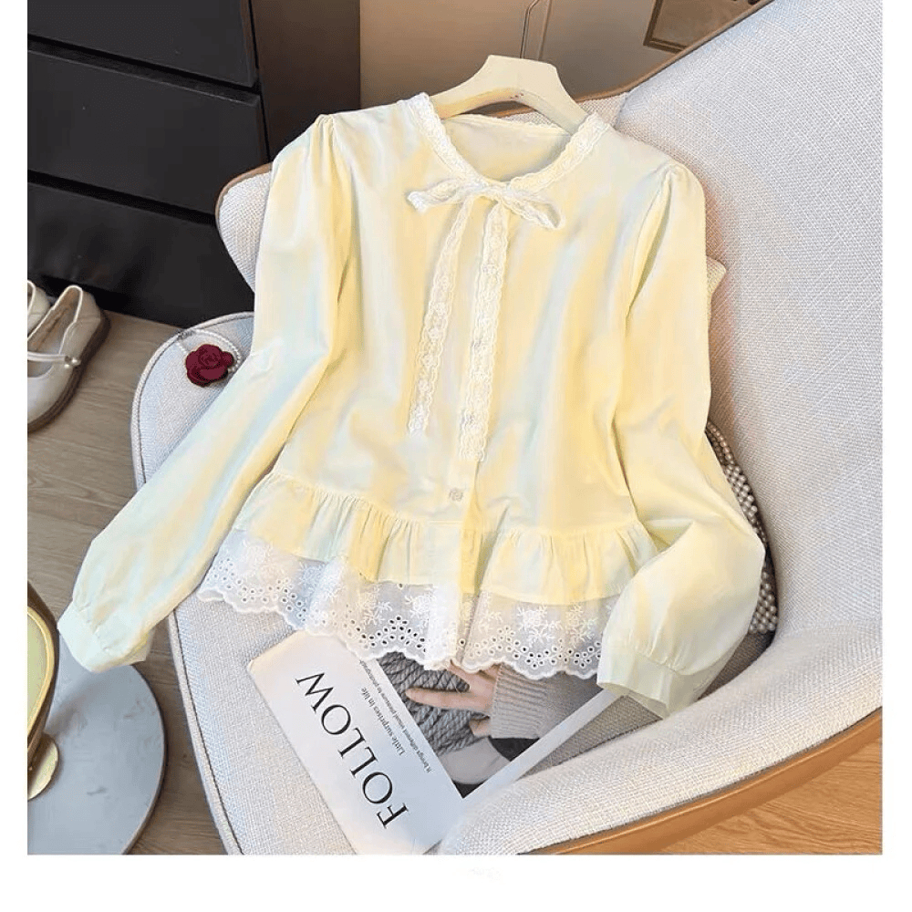 Kemeja Wanita Lace Bow Elegan Katun Poplin Kemeja Casual…