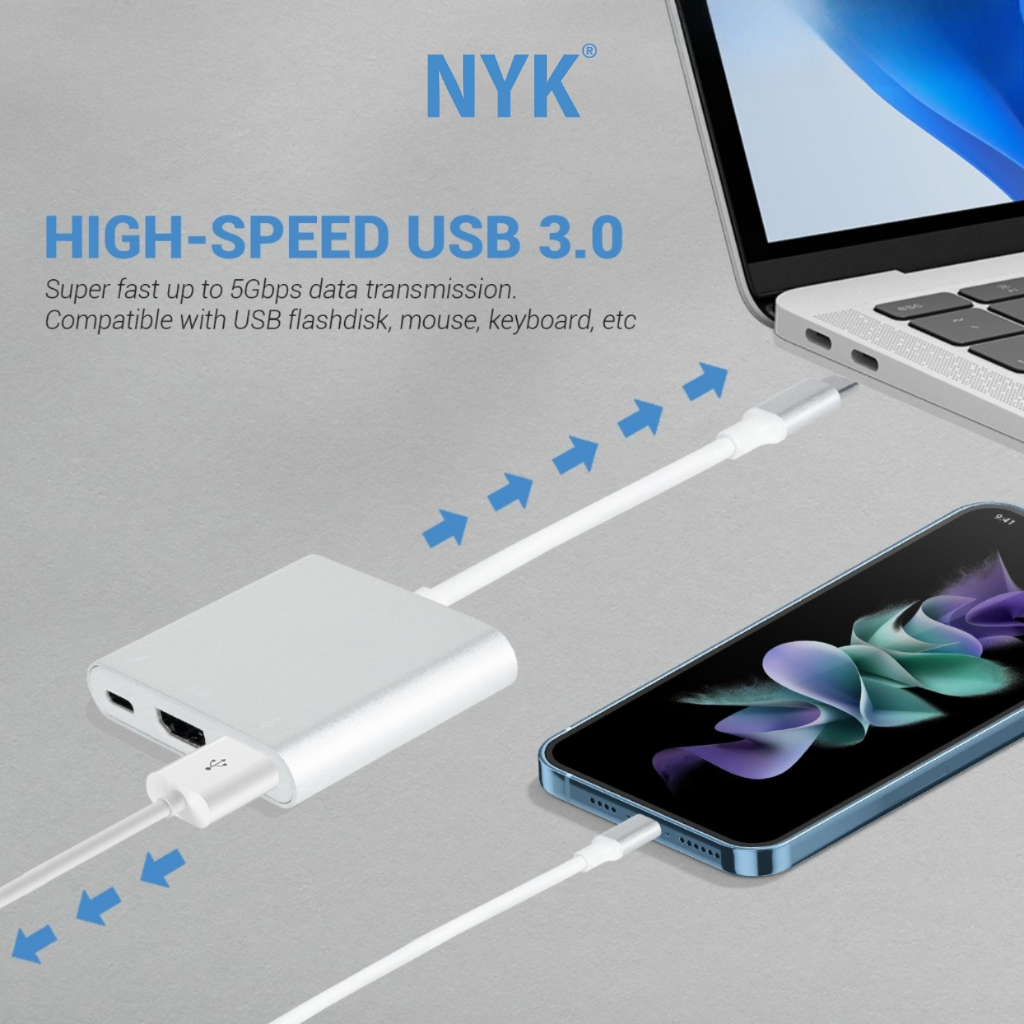 NYK Converter 3 in 1  USB HUB 3.0 Type C to HDMI 4K COD HUB bergaransi Docking Station Data transfer Mobile phone macbook android iphone ipad tab MHL (2)