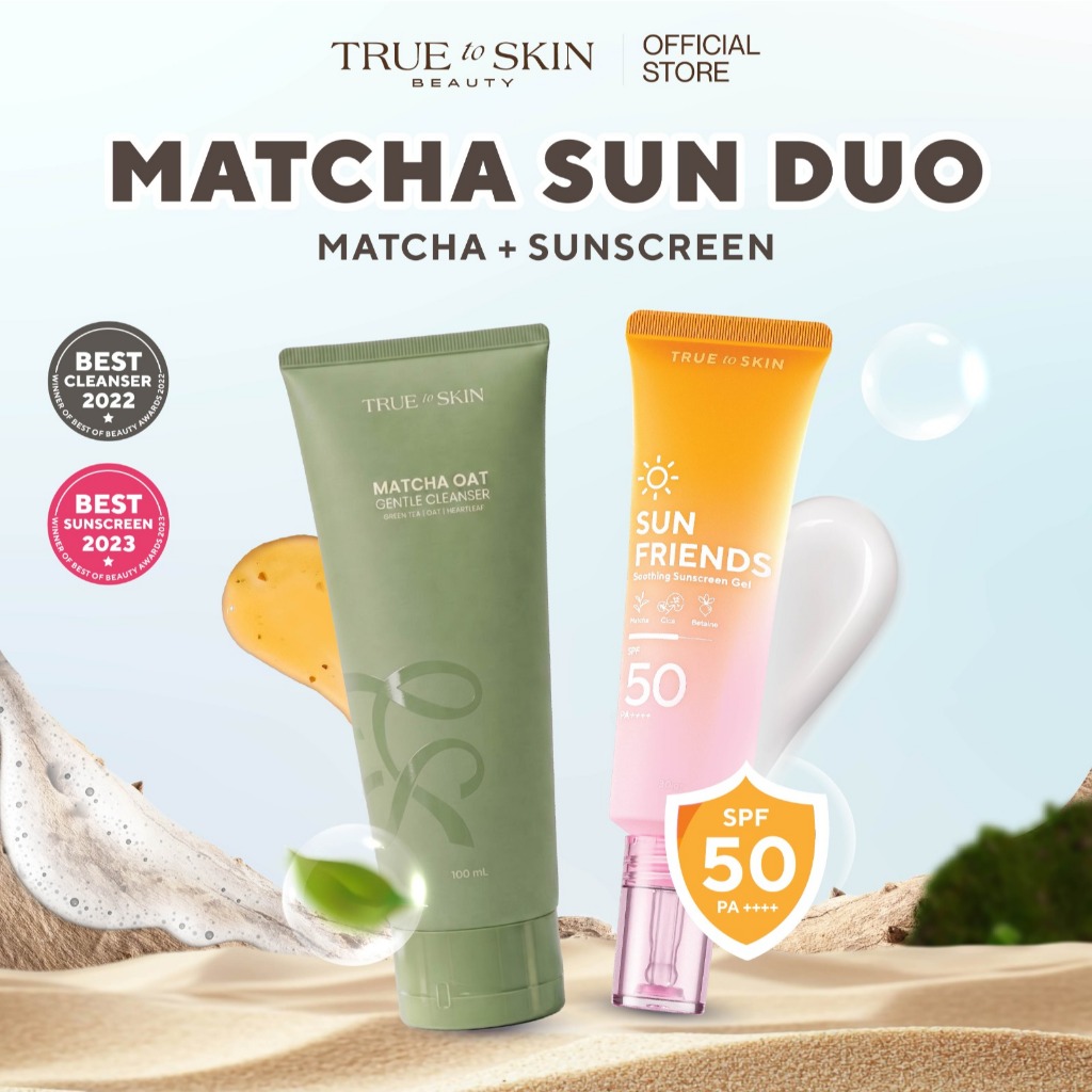 BUNDLE FACIAL WASH & SUNSCREEN (Sunfriends Sunscreen & Matcha Oat Gentle Cleanser) Cocok untuk kulit kering dan sensitif