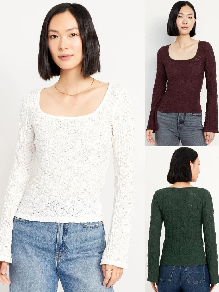 Blus Lengan Panjang Wanita OLN Textured Lace Scoop-Neck Top - 2969