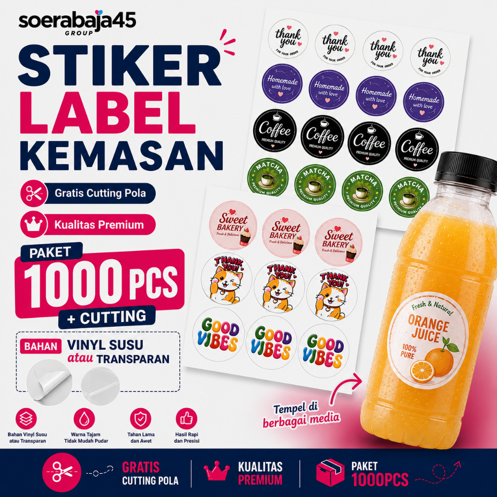 STIKER LABEL KEMASAN PAKET 1000PCS CETAK PLUS CUTTING BAHAN VINYL SUSU/TRANSPARAN