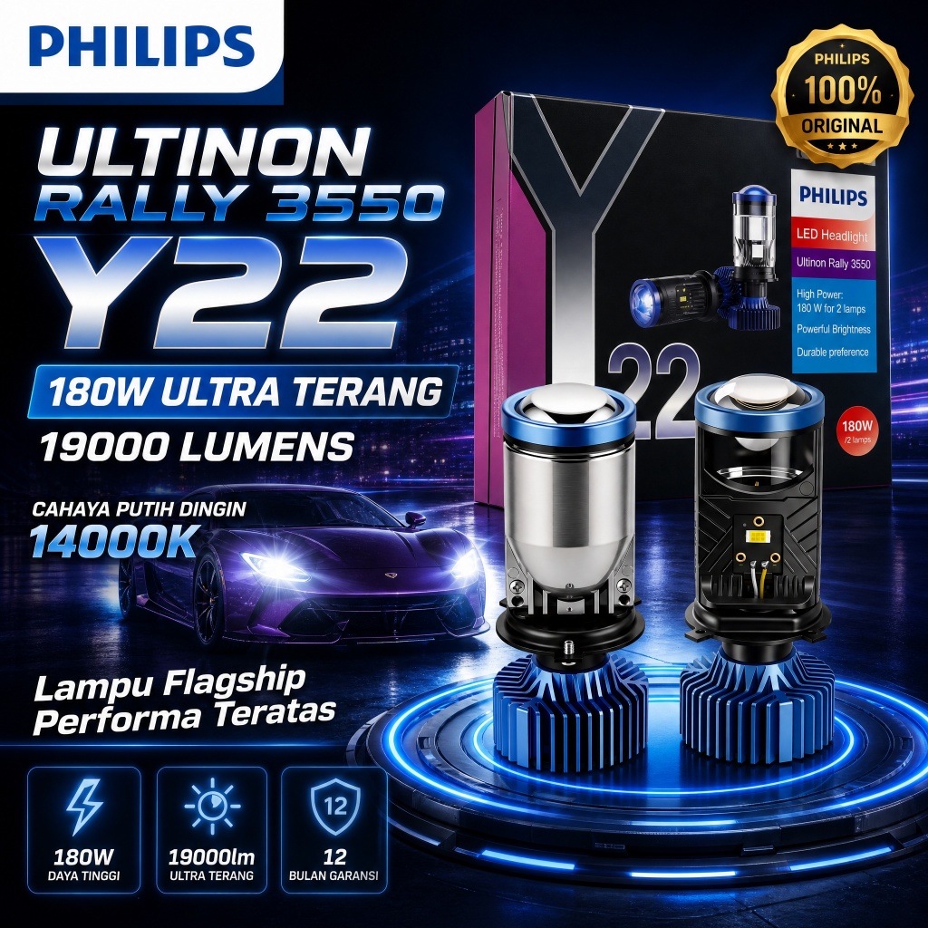 Philips 2PCS LED Lampu H4 Mobil 180W Y22 Waterproof IP68 19000LM Lampu LED Tahan Panas 30000 Jam