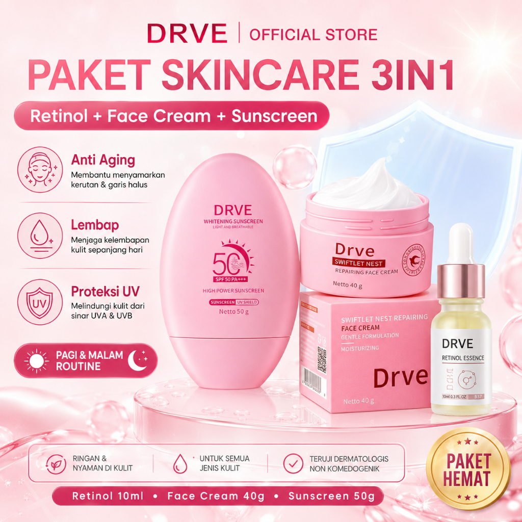 DRVE Paket Skincare 3in1 Retinol Serum + Face Cream + Sunscreen SPF50 PA+++ Brightening Glowing Anti Aging Moisturizer Wajah Melembapkan Flek Hitam Skin Barrier All Skin Type