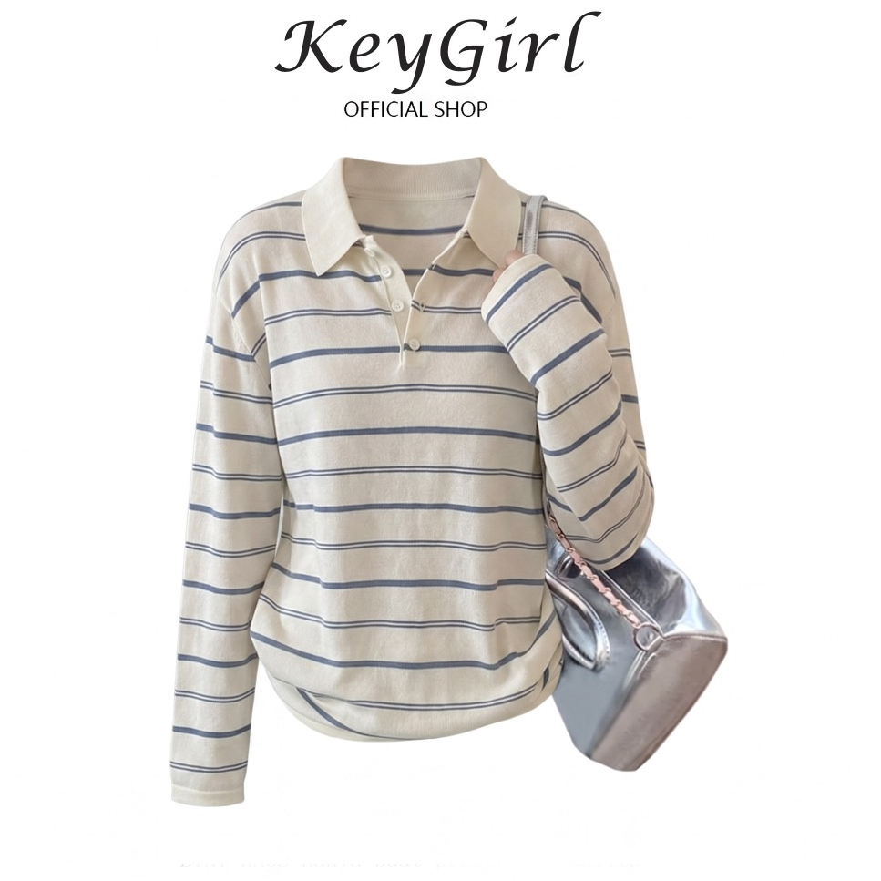 [Premium]Atasan Kasual Wanita Polo Lengan Panjang Motif Garis‑garis Import Quality Jahitan