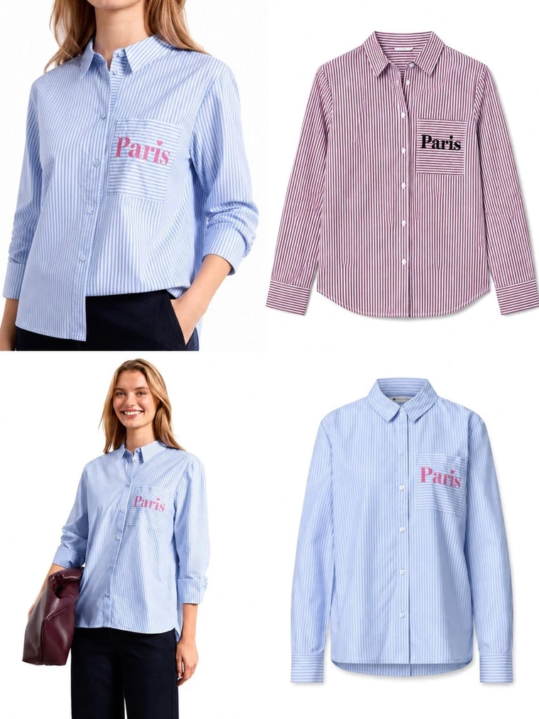 Street One Striped Long-Sleeve Blouse with Paris Wording Detail - 3179