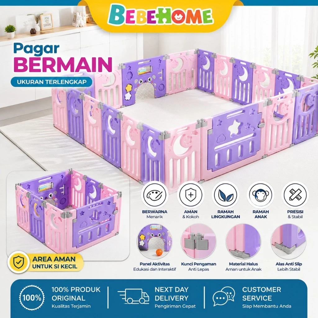 Bebehome Pagar Anak Pagar Bayi Babyfence Import Kokoh Bisa Dilipat Motif Bulan Bintang Play fence - foto 1