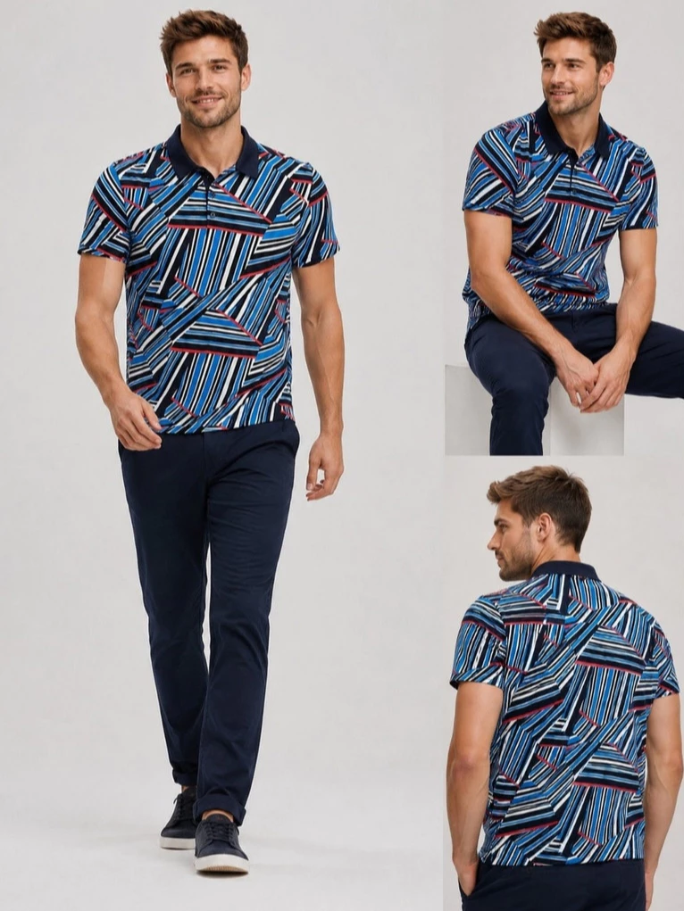 Kaos Kerah Pria Bahan Katun Adem PE Geometric-Print Polo Shirt - 3207