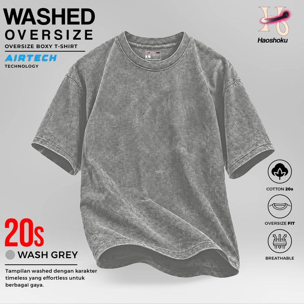 Haoshoku Kaos Boxy Washed Oversize Cotton Combet 20s Tebal Grey