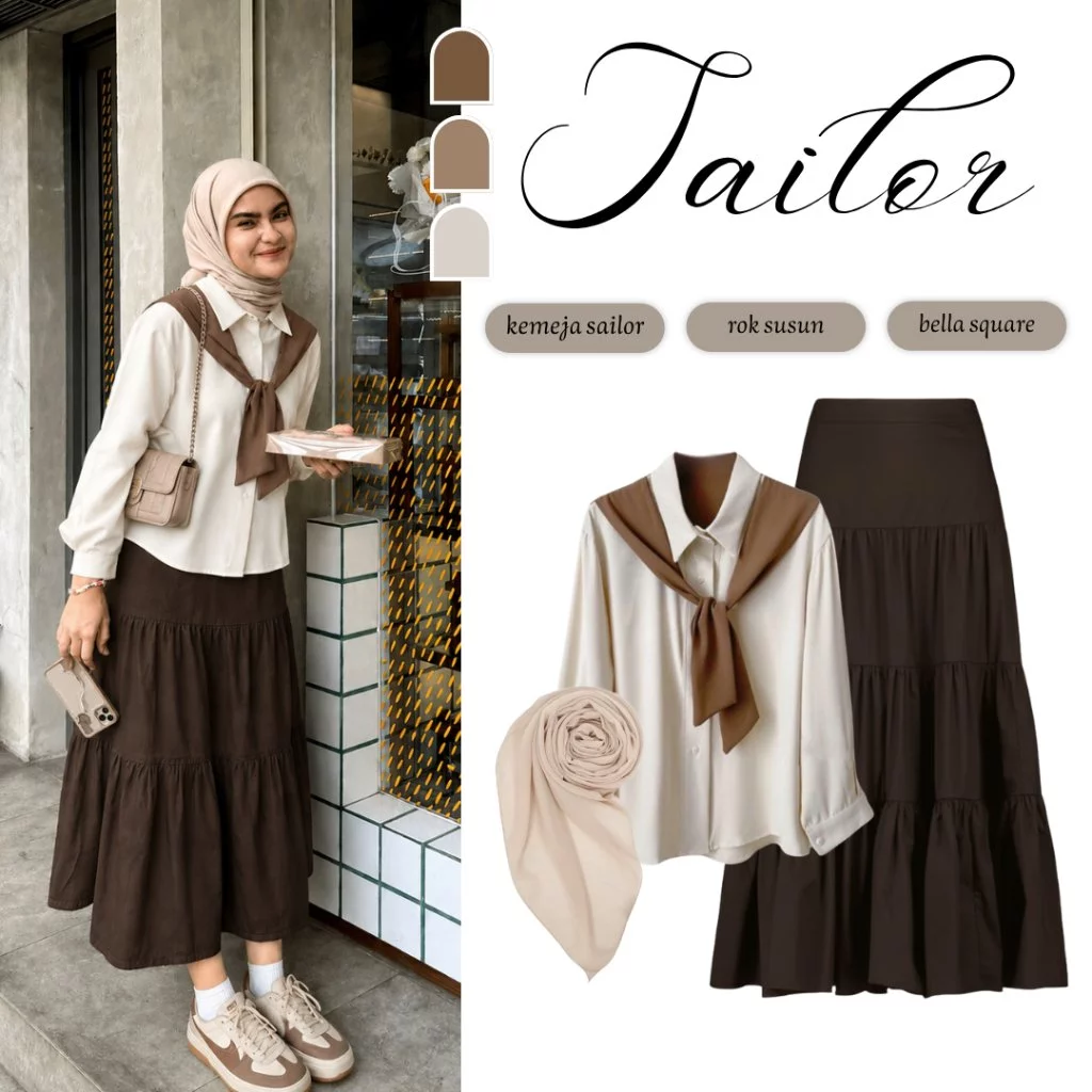 Sailor One Set Wanita Korean Style | Sailor Blouse + rok susun coklat + hijab bella | Setelan Ngopi Kekinian OOTD Elegan || FS63