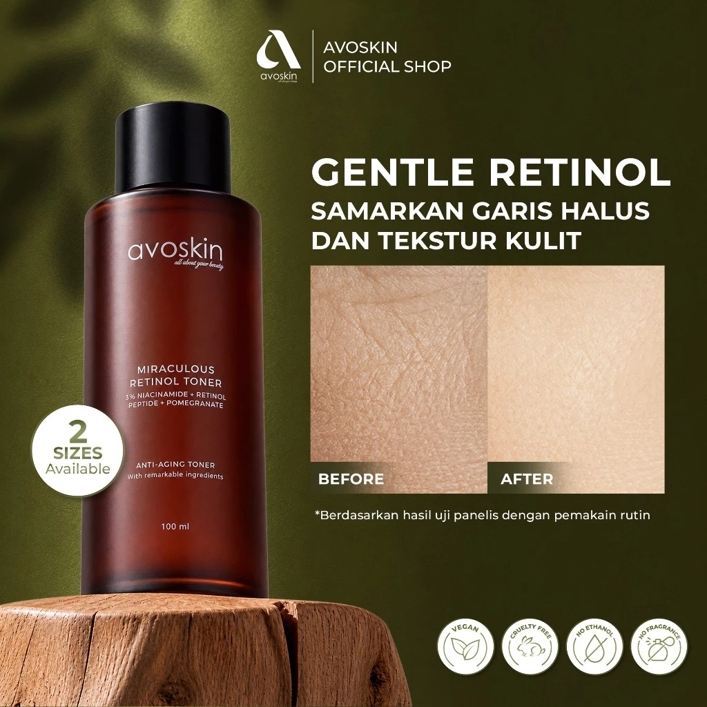 AVOSKIN - Miraculous Retinol Toner 100ml | Actosome Retinol, Niacinamide, Peptide, Pomegranate Extract | Night Renewal Toner | Untuk Tanda Penuaan Awal & Kulit Kusam | Niacinamide + Peptide memberi tambahan brightening dan firming support