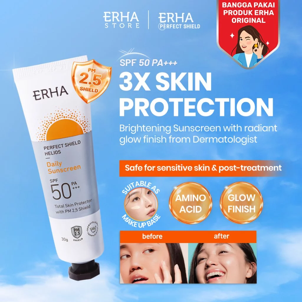 ERHA Perfect Shield Helios SPF50/PA+++ 30g – Daily Sunscreen Wajah | Brightening Sunscreen | Makeup Primer | Sunscreen Anti-Aging | Post-treatment Sunscreen | UV Protection, PM2.5 Shield & Blue Light Protection untuk Semua Jenis Kulit