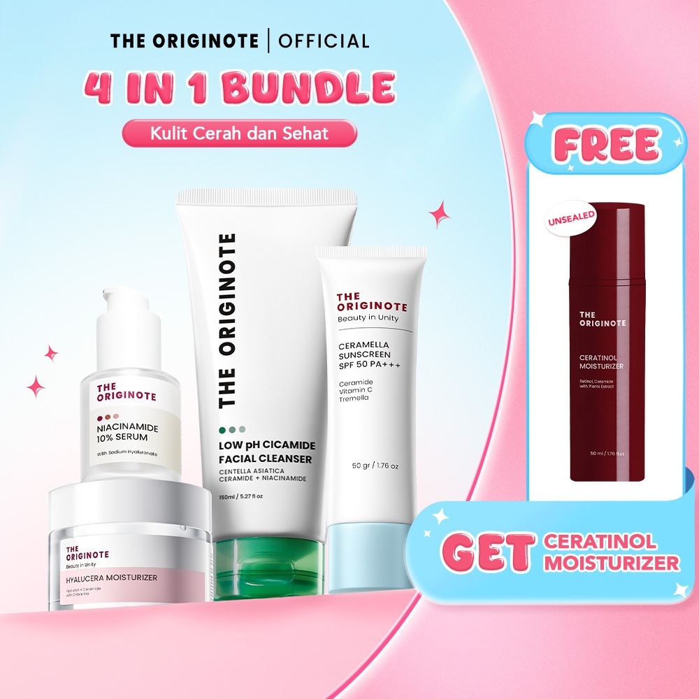 (BUY 4 GET 5) The Originote 4in1 Special Bundle Facial Cleanser Sunscreen Serum Moisturizer Acne Glowing Barrier Brightening Exfoliating Anti Aging Kit Perawatan Wajah Lengkap Skincare Untuk Jerawat Kusam Kering Sensitif Mencerahkan Melembapkan