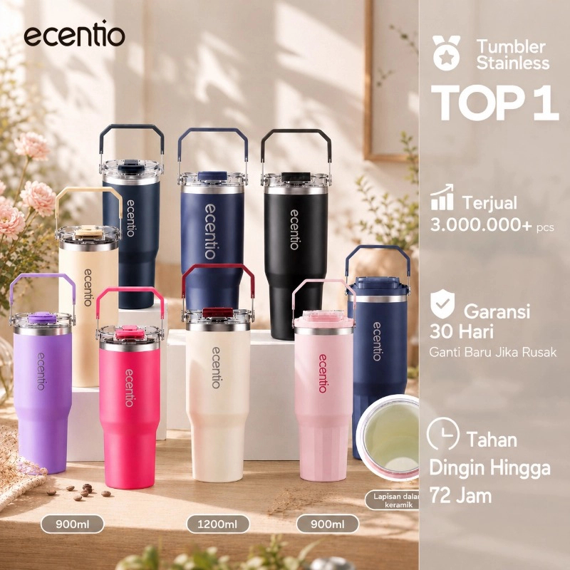 [Tumbler Pro] ecentio Tumbler Stainless 900ml/1200ml Portable Thermos Botol Minum Besar Dengan Tas Tahan Panas Dingin 24 Jam Aesthetic Lucu Termos Air Panas Kopi Dengan Sedotan Cocok Untuk Sekolah Anak Laki-Laki