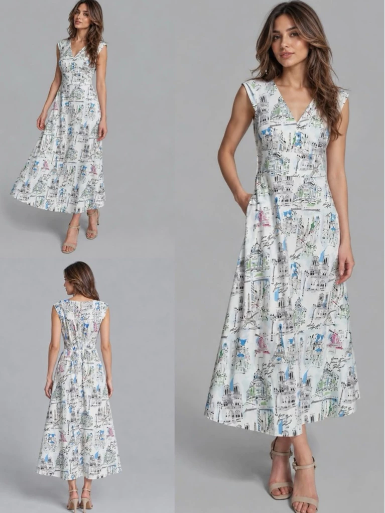 Dress Maxi Wanita KL Women's Sleeveless V-Neck Printed Maxi Dress - 3296