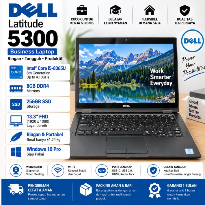 Laptop DELL5300/5400/5289 Layar 14 Inch Inter core windows RAM 8G SSD 512G Cocok Zoom Office dan Belajar Online Internal - Layar Terjangkau dan cocok untuk belajar komputer.