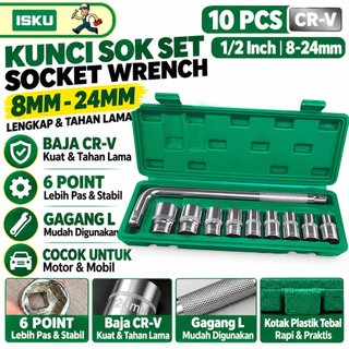 Jual ISKU Kunci Sok Set 10 Pcs 1/2 Inch 8-24mm 6PT Gagang L Socket ...