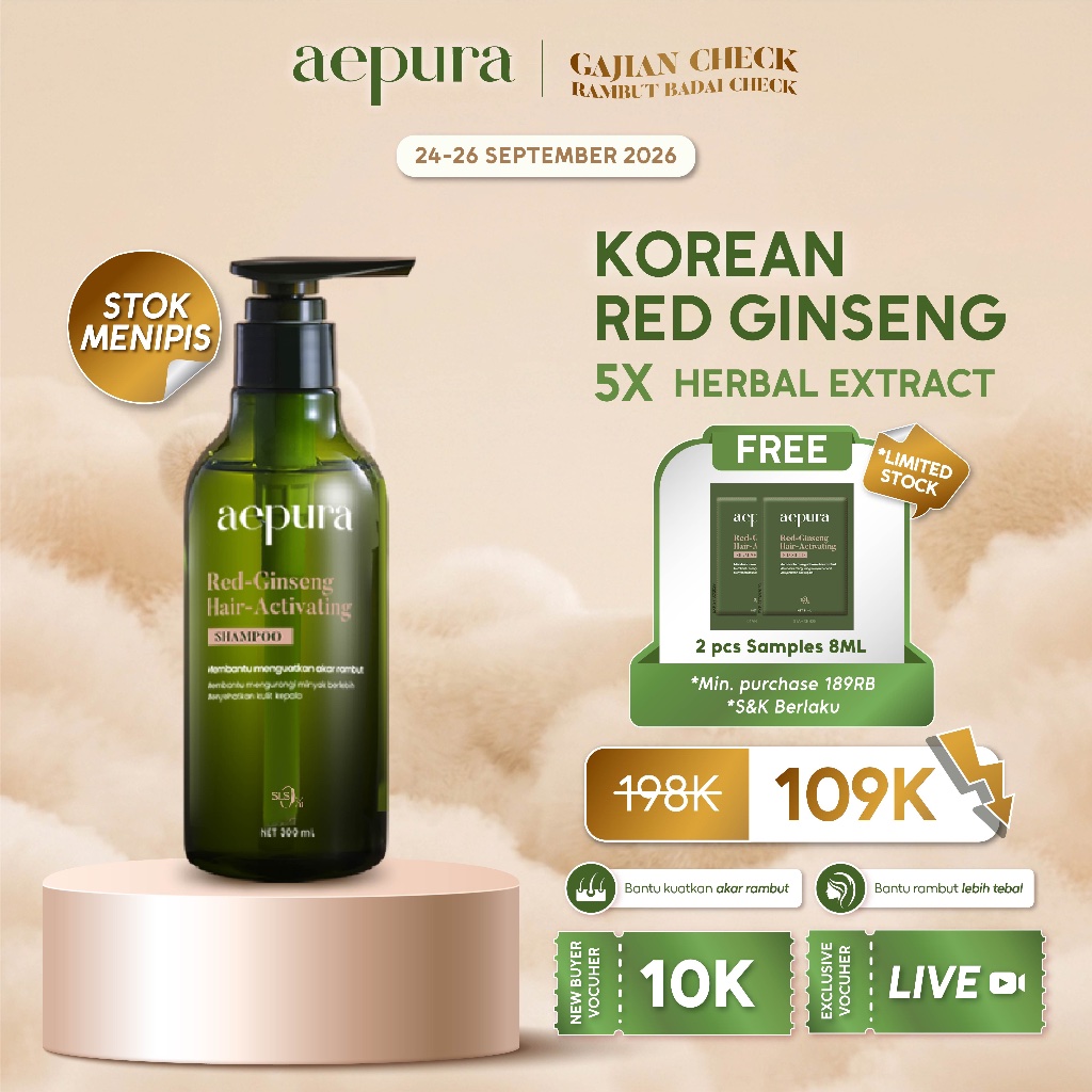 aepura Red-Ginseng Hair Activating Shampoo 300ml - Memperkuat Akar Rambut Mempercepat Pertumbuhan Menutrisi Rambut Perawatan Ginseng Korea Sampo Herbal Natural