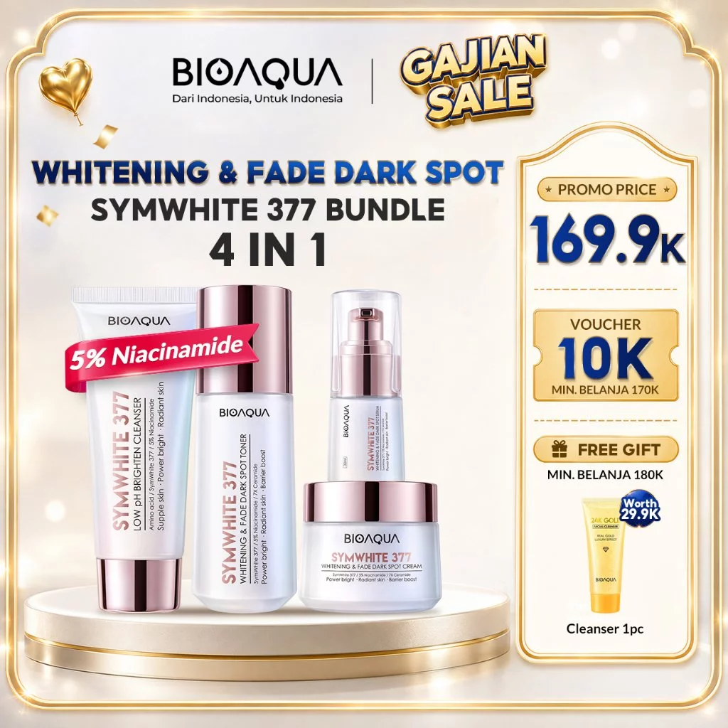 BIOAQUA SymWhite 377 Whitening & Fade Dark Spot Skincare 1 Set Lengkap BPOM Basic Skincare Paket Skincare Set With Facial Wash 100g / Toner 120ml / Serum 30ml / Moisturizer 50g / Sunscreen SPF 50 PA ++++