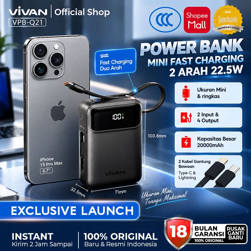 [EXCLUSIVE LAUNCH] VIVAN Mini Power Bank 20000mAh CCC VPB-Q21 Fast Charging 22.5W Dual Kabel Built-in Cable Type C Lightning Garansi 18 Bulan