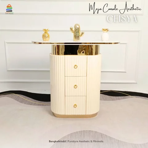 Meja Console Ceisya Aesthetic Laci Kayu Solid List Stainless Gold Top HPL - Bengkelkitaid