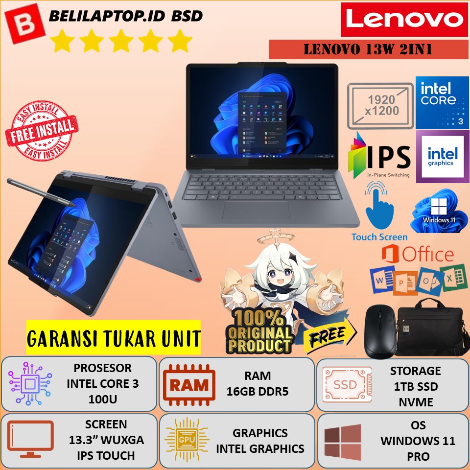 Laptop Lenovo L13W Intel Core 3 100U Ram 16GB DDR5 1TB SSD 13.3" WUXGA IPS Touch Windows 11 Original