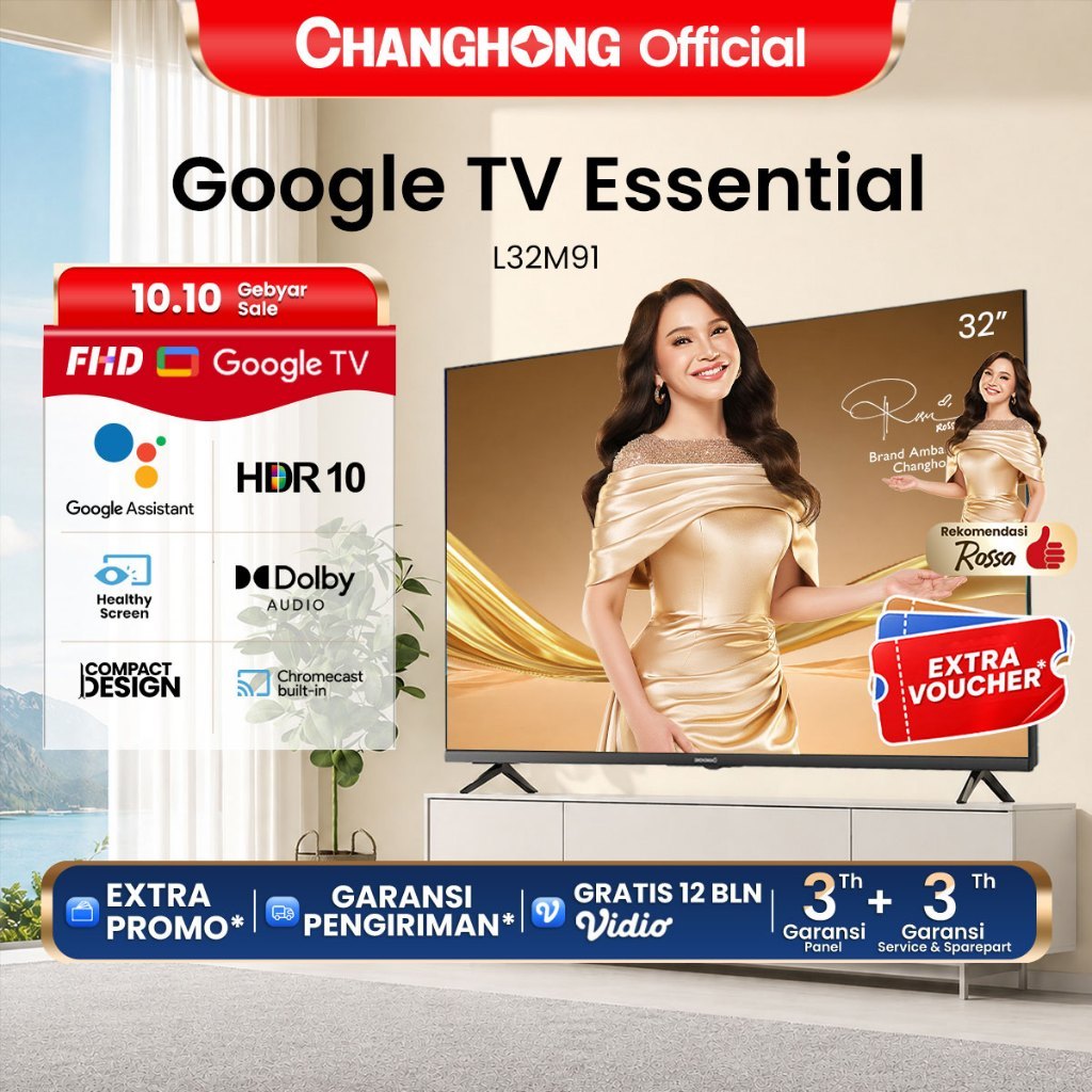 [TV 32 INCH] Changhong Smart TV L32M91 Google 32 inch Dolby Audio Google Play Netflix Youtube Bluetooth USB Google Assistant Smart TV Digital TV Free Vidio (L32M91)