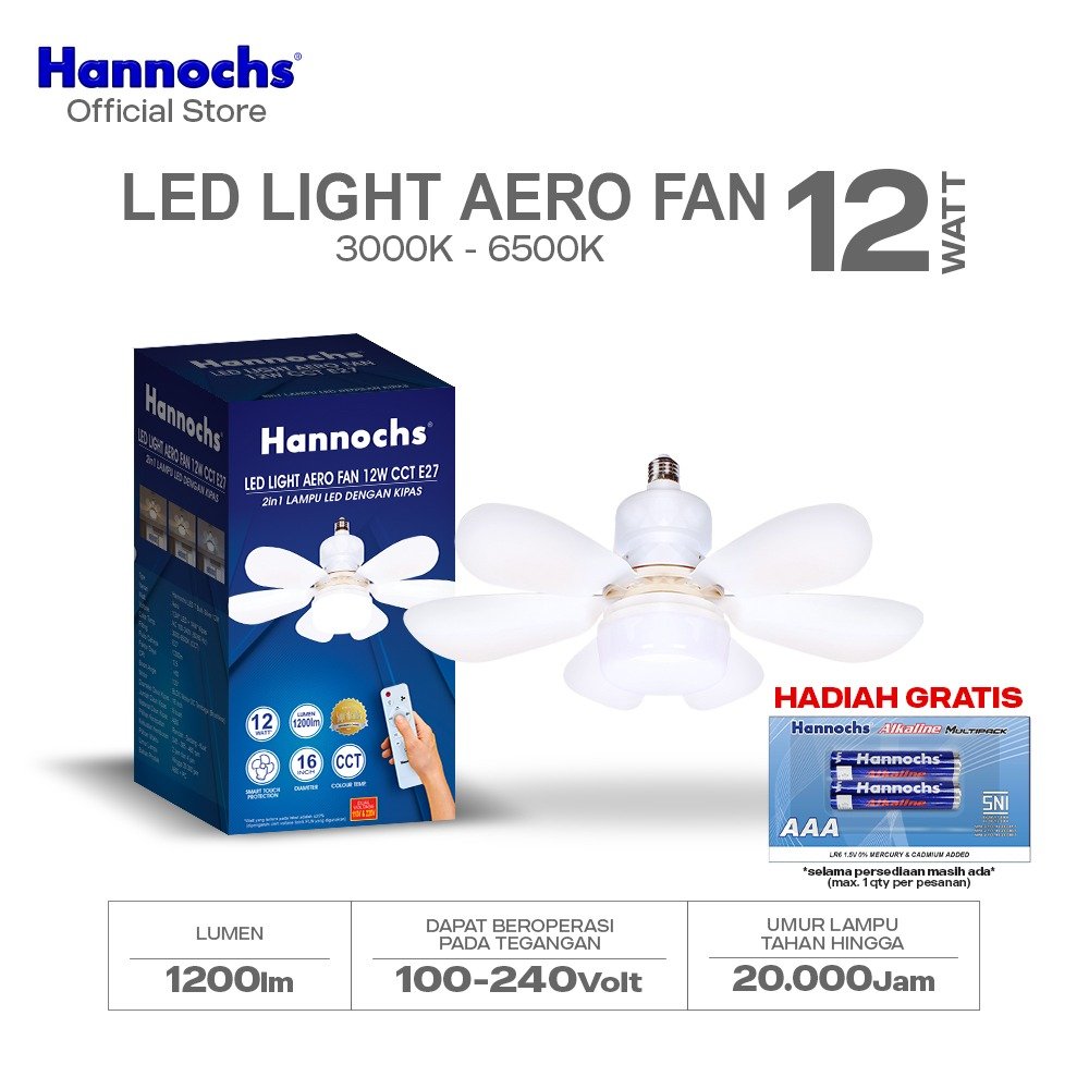 Hannochs Lampu Kipas Angin Plafon LED 2in1 Aero Fan 12W CCT E27 16Inch - Multifungsi Dengan Peredupan Remote Control