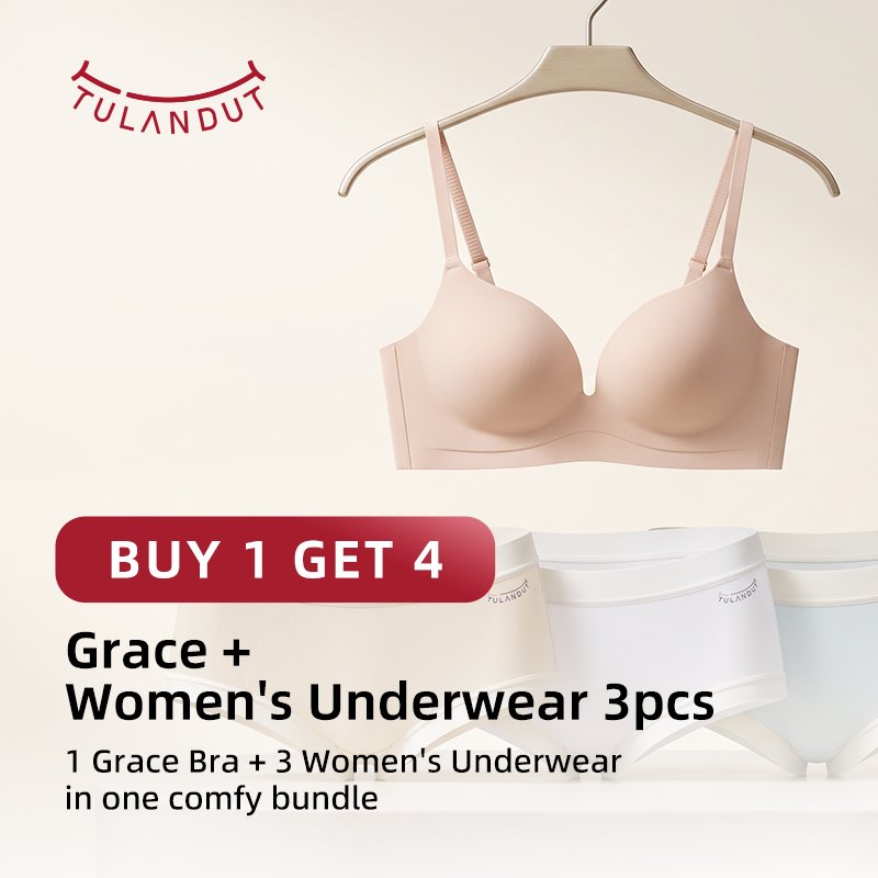 Tulandut Buy 1 Get 4 [Grace Flex Fit Push-Up Bra BH + 3pcs Celana Dalam Serat Alami] Wanita Seamless Tanpa Kawat Wireless Bra Invisible No Bra Look Cup 3D Pengangkat Payudara 4 Baris Kait 380