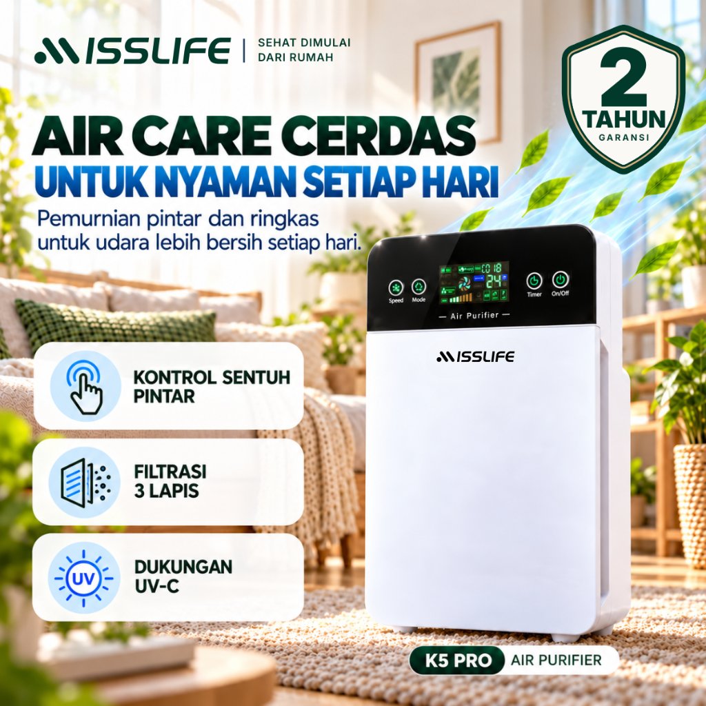 [Ready Stock] Miss Life Air Purifier Pembersih Udara Ruangan HEPA Filter Karbon Aktif UV-C Penyaring Debu Bau Alergen Bulu Kucing PM2.5 Hemat Listrik Sunyi untuk Bayi Pet Rumah Kamar Kantor 20-38m² K5