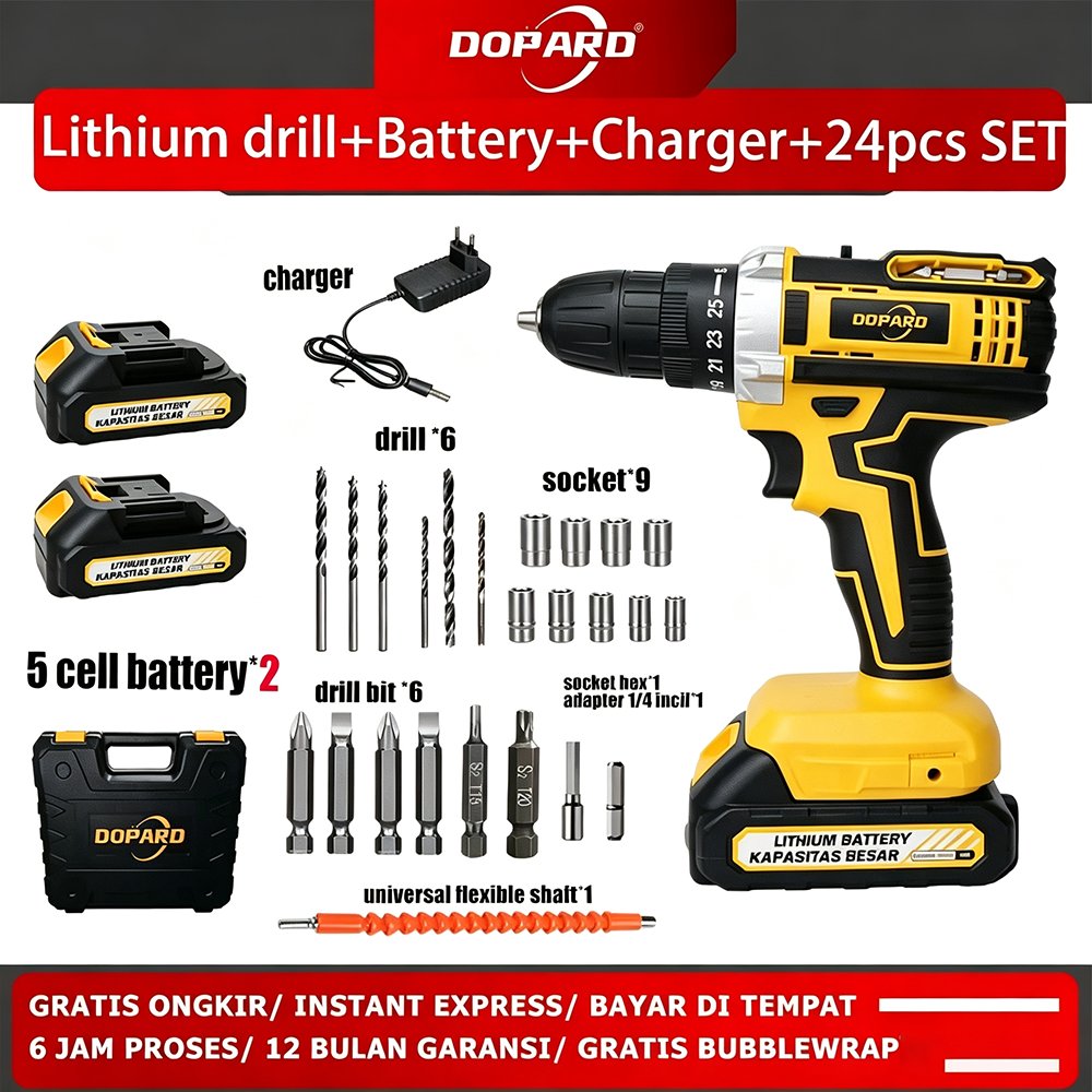 DOPARD Bor Baterai Lithium  24 PCS Set Cordless Drill 5 Cell Battery 2 Pcs + Charger Alat Bor Tembok Kayu Besi Rumah Tangga COD