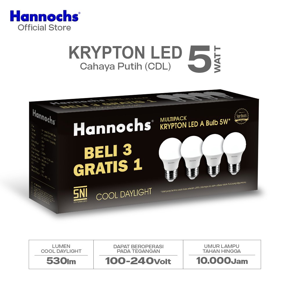 Hannochs Lampu Bohlam LED Krypton Multipack 5W Cahaya Putih  (Beli 3 Gratis 1)