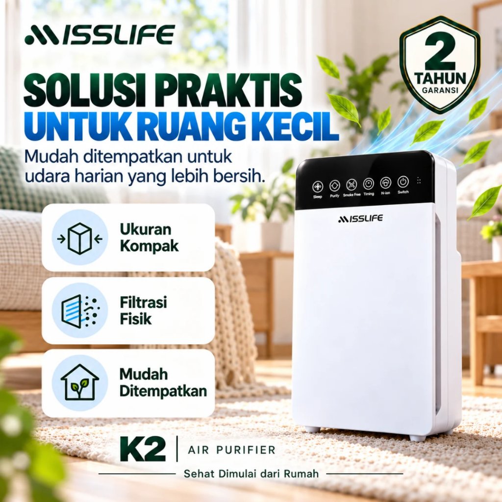 MISS LIFE K2 Air Purifier Pembersih Udara Penjernih Udara HEPA Filter Penyaring Debu PM2.5 Asap Polusi Bau Tidak Sedap Alergen Bulu Kucing untuk Kamar Tidur Kamar Anak Ruang Kerja Kantor 10-20m2 Compact Filter Udara Rumah Kamar Kos Apartemen