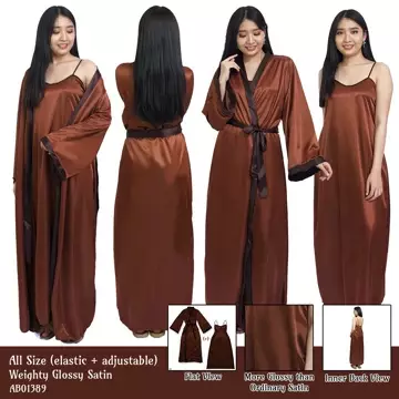Folva Kimono Set Panjang Piyama Satin 1389KTSET Coklat All Size