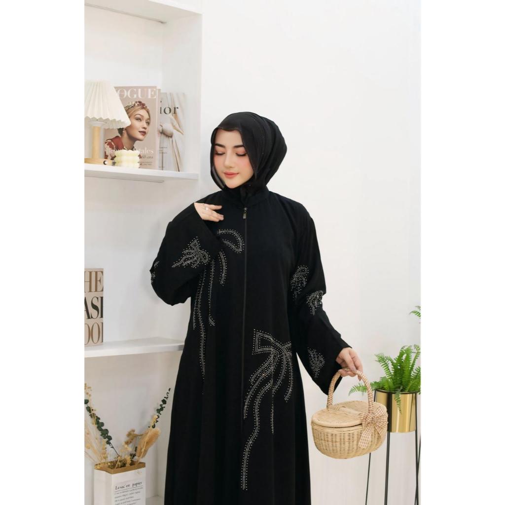 Abaya premium gamis arab hitam jet black payet depan belakang terbaru 214