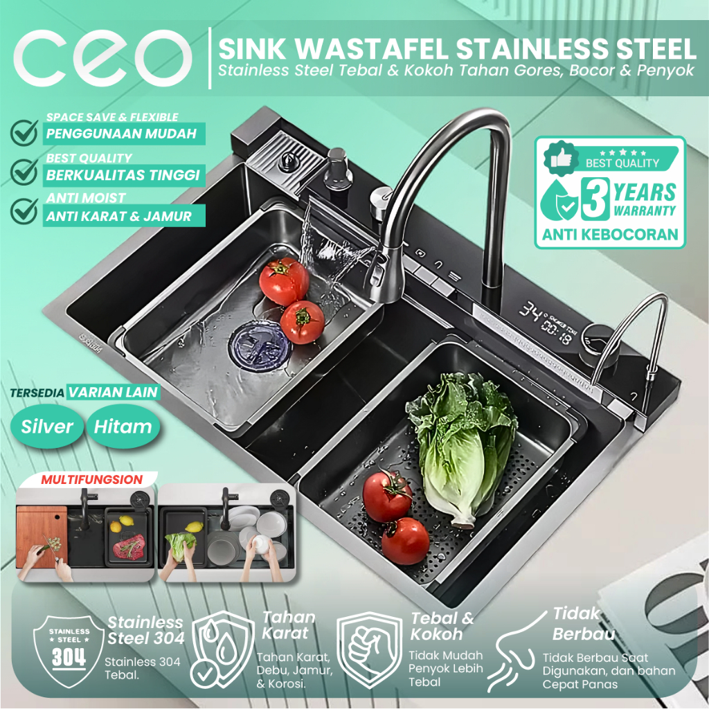 CEO Paket Bak Cuci Piring Hitam Kitchen Sink Wastafel Dapur Stainless Steel Ketebalan 3mm Premium